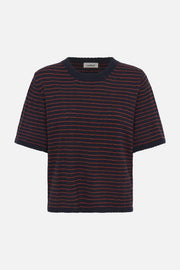A short-sleeve knit t-shirt with horizontal navy and red stripes, featuring a solid navy crew neck and ribbed hem, shown against a plain white background.