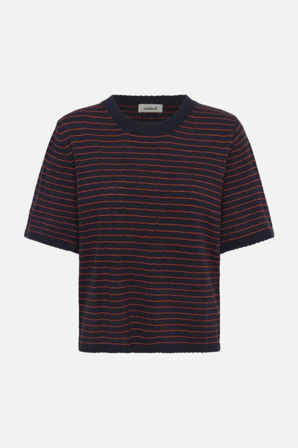 A short-sleeve knit t-shirt with horizontal navy and red stripes, featuring a solid navy crew neck and ribbed hem, shown against a plain white background.