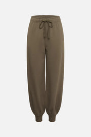 A pair of relaxed-fit jogger pants in a solid taupe-brown color, featuring an elastic waistband with a drawstring and ribbed cuffs at the ankles, shown against a plain white background.