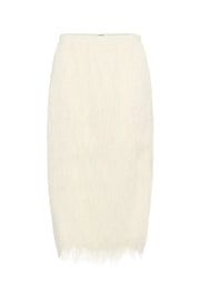 An off-white textured knit pencil skirt with a fringed hem, shown against a plain white background.