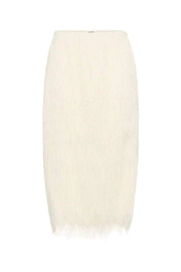 An off-white textured knit pencil skirt with a fringed hem, shown against a plain white background.