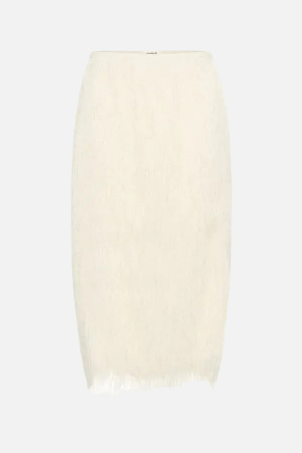 An off-white textured knit pencil skirt with a fringed hem, shown against a plain white background.