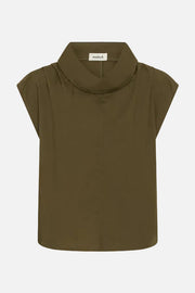 Olive sleeveless top with a high collar on a white background