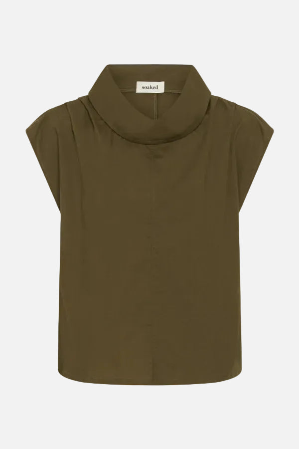 Olive sleeveless top with a high collar on a white background
