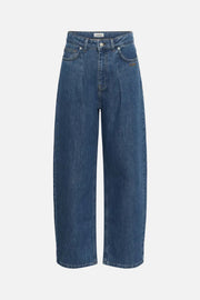 A pair of high-waisted, wide-leg blue denim jeans shown flat against a plain white background.