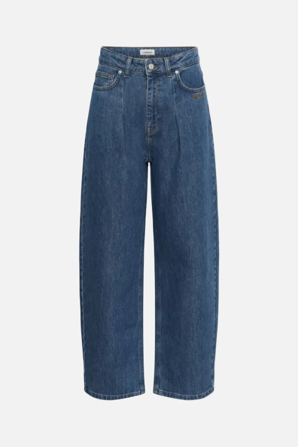 A pair of high-waisted, wide-leg blue denim jeans shown flat against a plain white background.