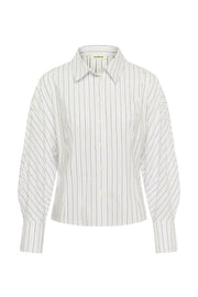 A long-sleeve button-up shirt with vertical thin stripes in black and white, featuring a pointed collar and buttoned front.