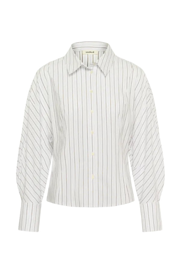 A long-sleeve button-up shirt with vertical thin stripes in black and white, featuring a pointed collar and buttoned front.