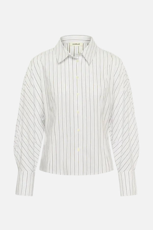 A long-sleeve button-up shirt with vertical thin stripes in black and white, featuring a pointed collar and buttoned front.