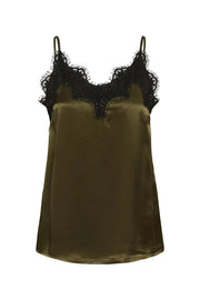 Olive satin camisole with black lace trim on a white background