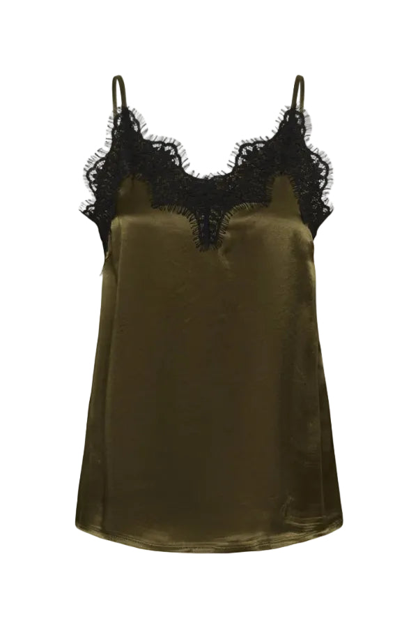 Olive satin camisole with black lace trim on a white background