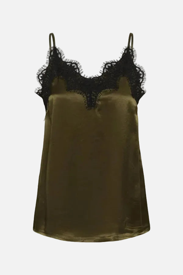 Olive satin camisole with black lace trim on a white background