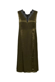 An olive green satin slip dress with a black and white patterned lace V-neckline, shown against a plain white background.