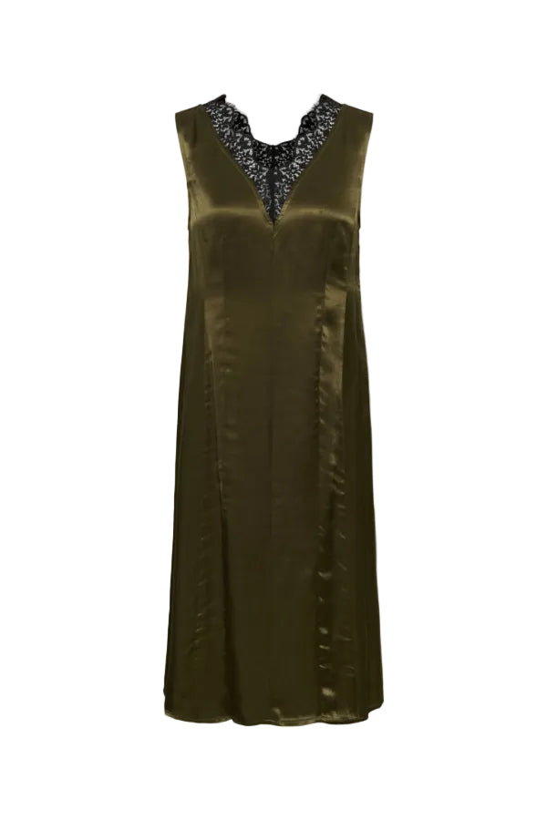An olive green satin slip dress with a black and white patterned lace V-neckline, shown against a plain white background.