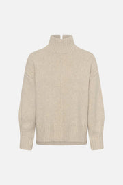 A light beige knit turtleneck sweater with a ribbed crew neck, cuffs, and hem, displayed on a clean white background.