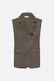 A sleeveless brown tweed blazer vest with notch lapels, a single button closure, and two front flap pockets, shown on a plain white background.