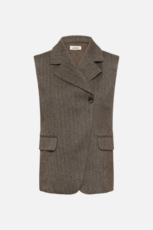 A sleeveless brown tweed blazer vest with notch lapels, a single button closure, and two front flap pockets, shown on a plain white background.
