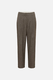 A pair of high-waisted, straight-leg cropped trousers in a textured brown and gray herringbone pattern, shown against a plain white background.