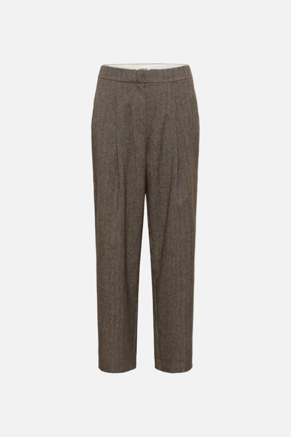 A pair of high-waisted, straight-leg cropped trousers in a textured brown and gray herringbone pattern, shown against a plain white background.