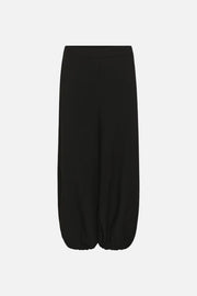 Black wide-leg cropped pants with gathered elastic cuffs, shown flat against a solid white background.