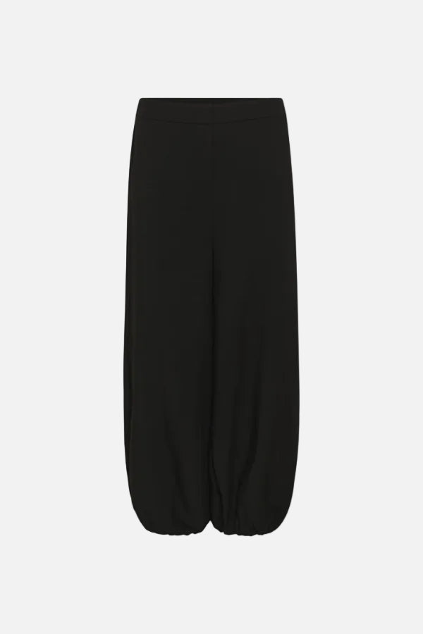 Black wide-leg cropped pants with gathered elastic cuffs, shown flat against a solid white background.