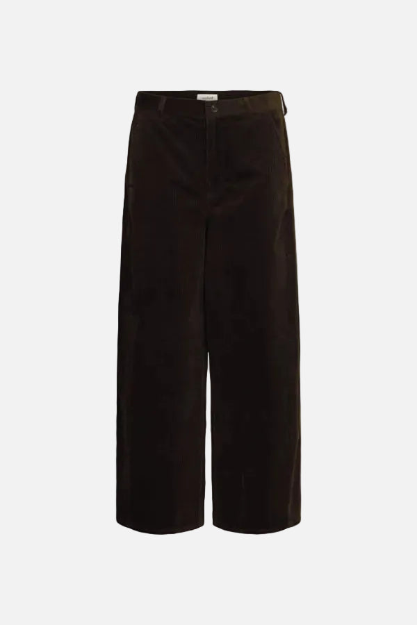 Dark brown wide-leg corduroy trousers shown flat against a solid white background.
