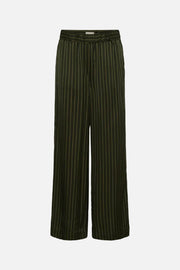 A pair of wide-leg trousers in dark olive green with thin vertical yellow pinstripes, shown against a plain white background.