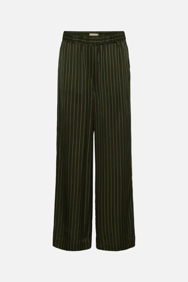 A pair of wide-leg trousers in dark olive green with thin vertical yellow pinstripes, shown against a plain white background.