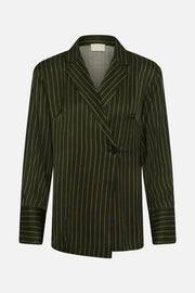 A dark olive green double-breasted blazer with thin vertical gold pinstripes, featuring a wrap-style front and notched lapels, shown against a plain white background.