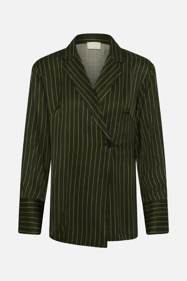 A dark olive green double-breasted blazer with thin vertical gold pinstripes, featuring a wrap-style front and notched lapels, shown against a plain white background.