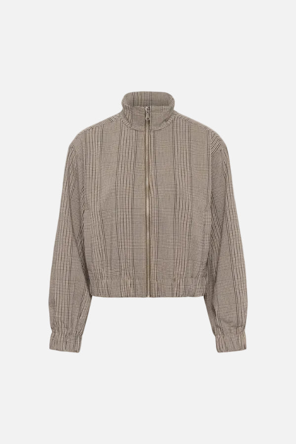 A cropped zip-up jacket with a high stand collar, featuring a beige and brown plaid pattern, displayed on a clean white background.