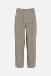 A pair of cropped trousers in a beige and brown plaid pattern, shown against a plain white background.