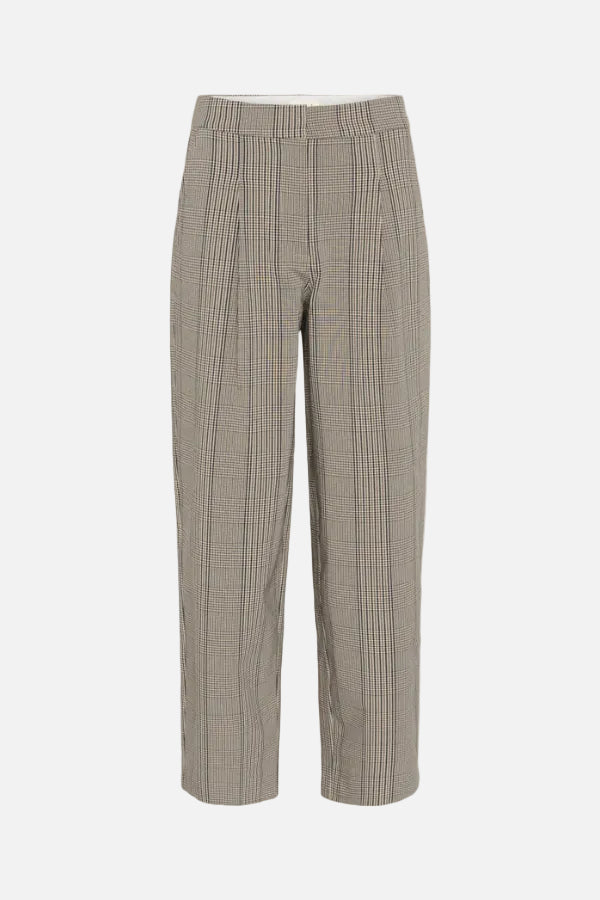 A pair of cropped trousers in a beige and brown plaid pattern, shown against a plain white background.