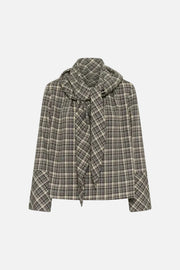 A plaid long-sleeve blouse with a draped, oversized collar and tie detail at the front, shown against a plain white background.