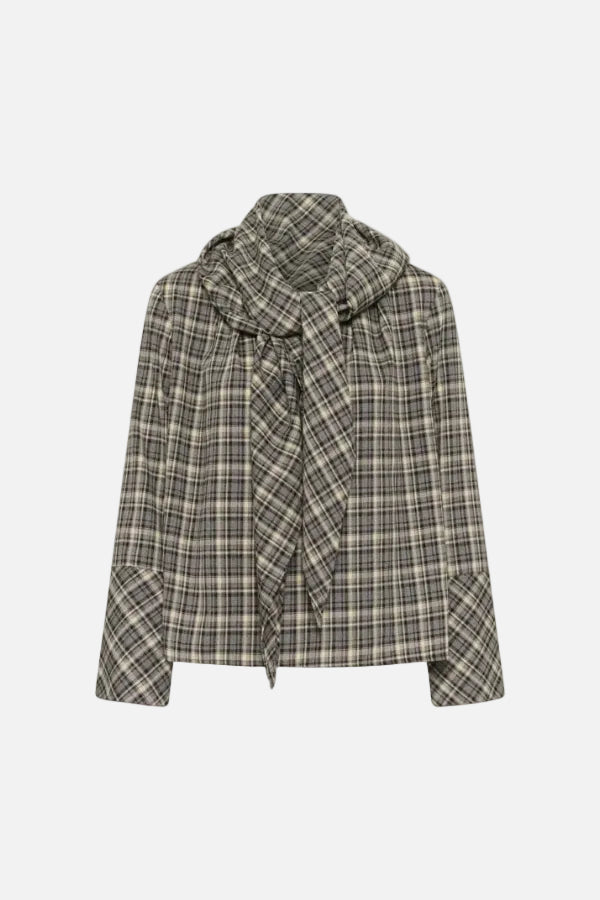 A plaid long-sleeve blouse with a draped, oversized collar and tie detail at the front, shown against a plain white background.