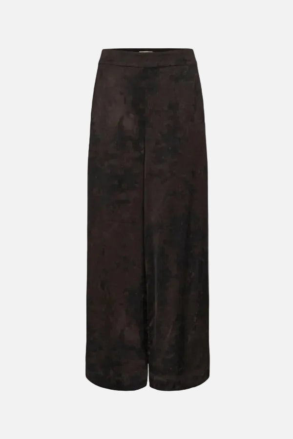 A pair of wide-leg trousers in a dark brown and black textured jacquard fabric, shown against a plain white background.