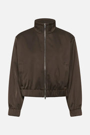 A dark brown cropped zip-up jacket with a stand-up collar, elasticated hem and cuffs, and side pockets, shown against a plain white background.