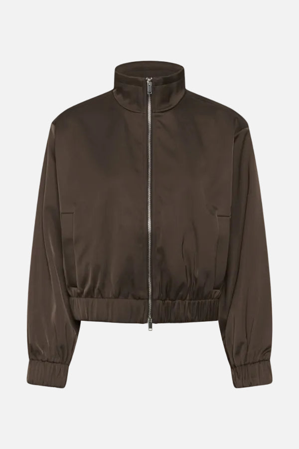 A dark brown cropped zip-up jacket with a stand-up collar, elasticated hem and cuffs, and side pockets, shown against a plain white background.