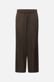 A pair of dark brown wide-leg cropped pants with an elastic waistband, shown against a plain white background.