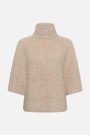 A beige ribbed knit turtleneck sweater with wide, cape-like sleeves, shown against a plain white background.