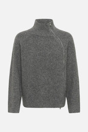 A dark gray textured knit sweater with a mock neck and an asymmetrical diagonal zipper, shown against a plain white background.