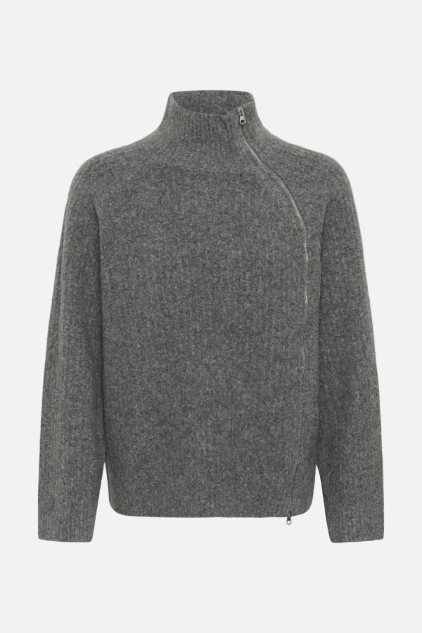 A dark gray textured knit sweater with a mock neck and an asymmetrical diagonal zipper, shown against a plain white background.