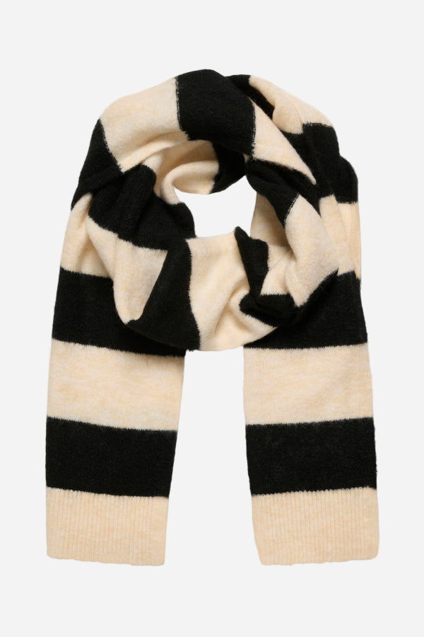 Black and beige striped scarf on a white background
