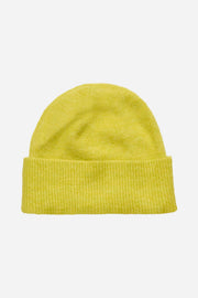 Yellow beanie hat on a white background