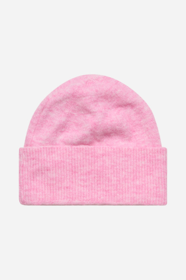 Pink beanie hat on a white background