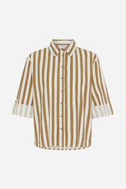 Striped shirt with brown and white vertical stripes on a white background