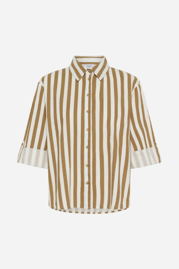 Striped shirt with brown and white vertical stripes on a white background
