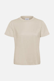 A light beige short-sleeve crewneck t-shirt displayed on a clean white background.