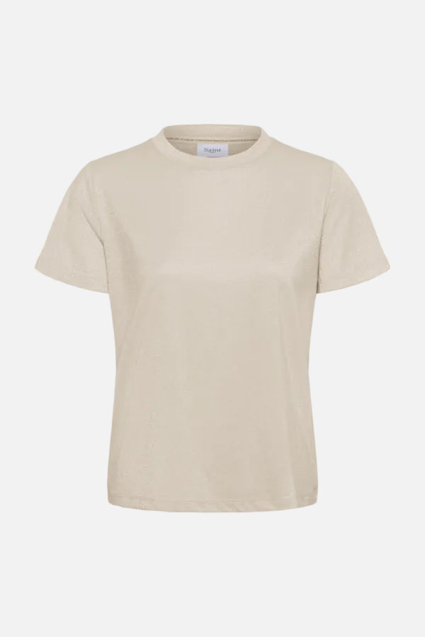 A light beige short-sleeve crewneck t-shirt displayed on a clean white background.