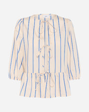 Beige and blue striped blouse with a tie front on a white background